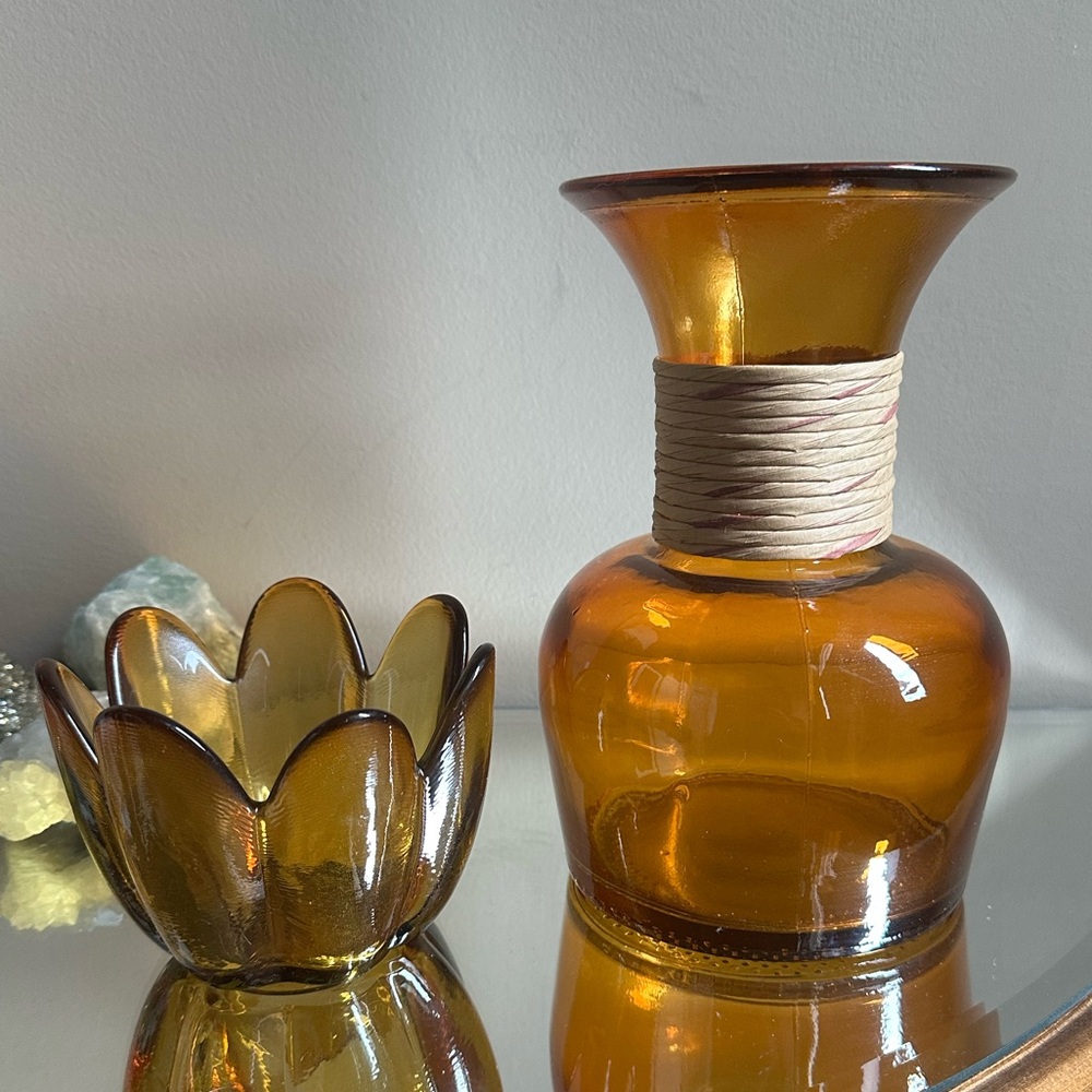 Amber Glass Vase and Candle Holder Set